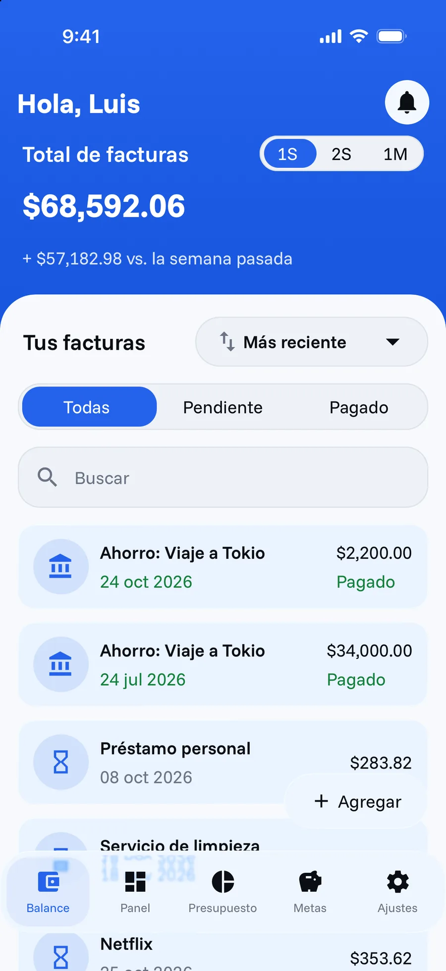 Pantalla de Balance de Cifria con facturas pendientes y pagadas